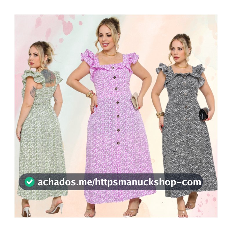 Vestido Longo Florido Babado Manga Botao Frontal Alça Dupla
