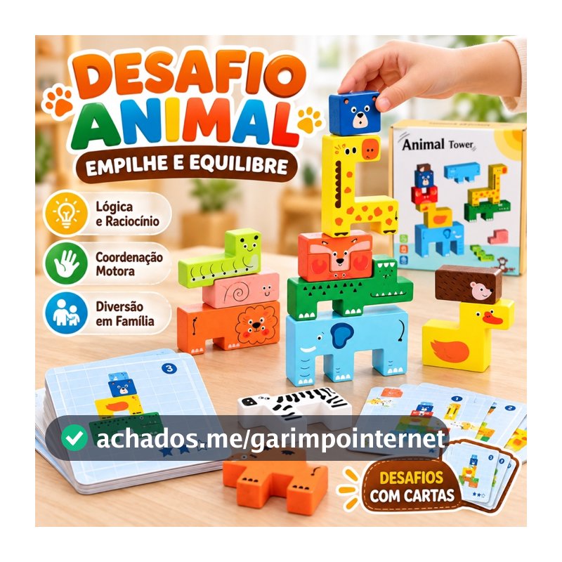 Jogo de Empilhar Animais de Madeira Torre de Equilíbrio com Cartas de Desafio Brinquedo Educativo Infantil