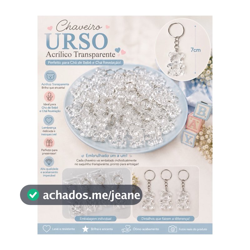 Chaveiro Ursinho Acrílico  7cm | Lembrancinha para Chá de Bebê e Chá Revelação | Embalado Individualmente