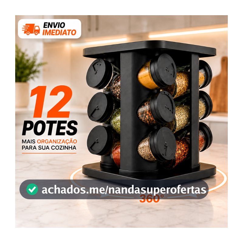 Porta Tempero Giratório 12 Potes de Vidro 85 ml Preto 360 com Tampa Dosadora Organização Cozinha Condimentos