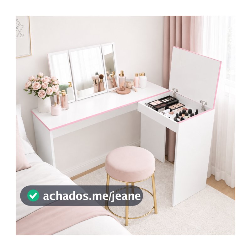 Penteadeira Mesa Escrivaninha em L de Canto com Nicho Porta Objetos Maquiagem Joias