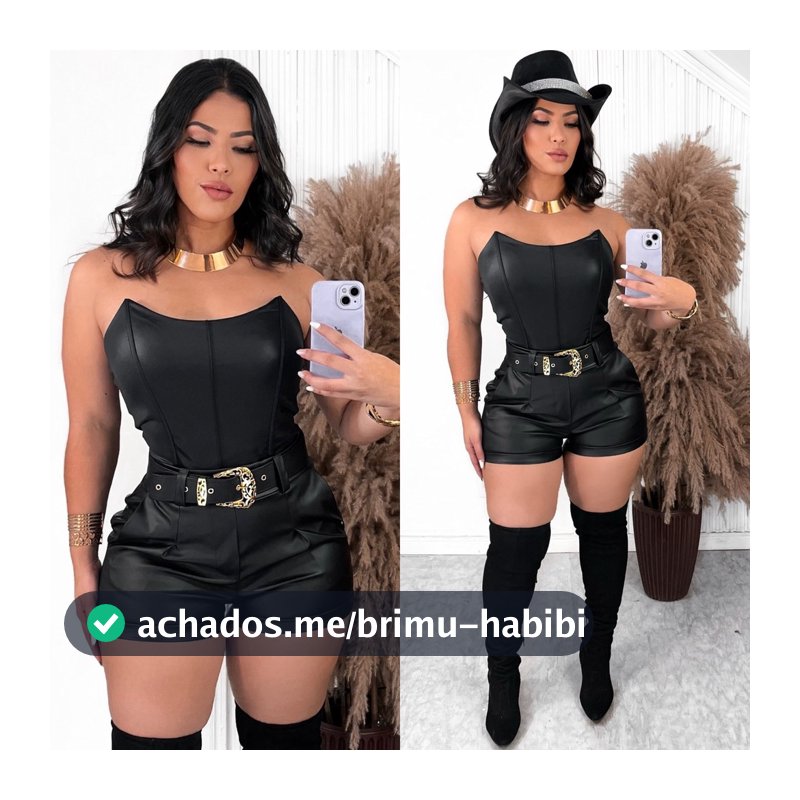 Conjunto Shorts couro eco com cinto De Fivela e Body tomara que caia Corselet em Cirre