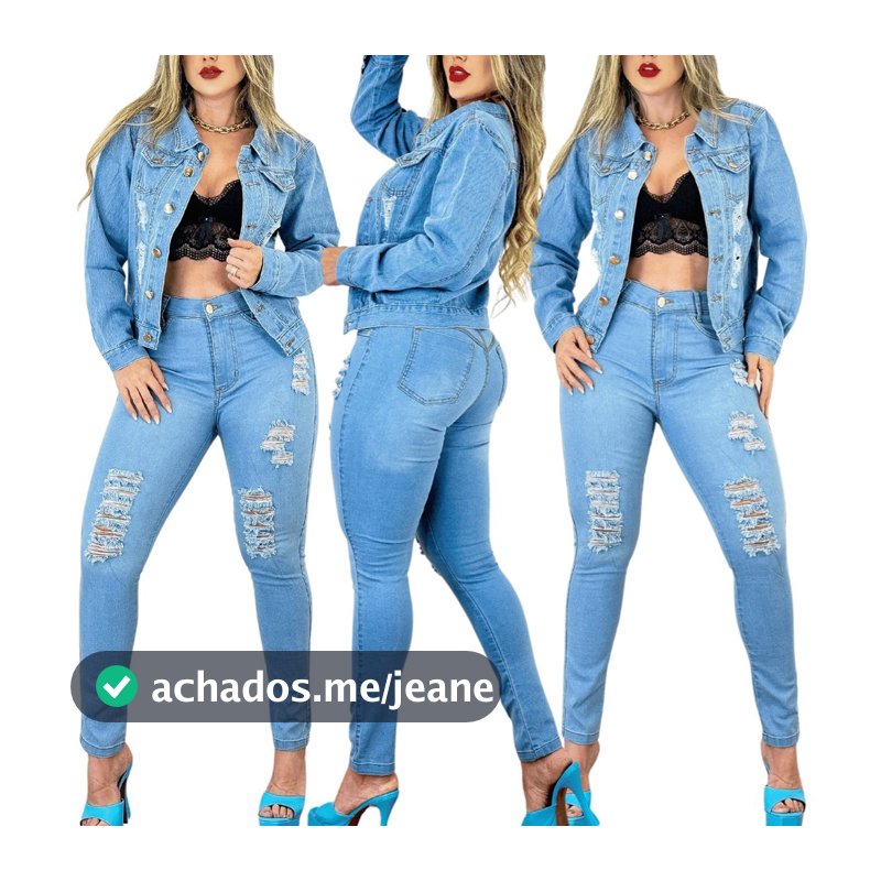 Conjunto Jeans Feminino Jaqueta de Algodão Calça Com Lycra Longa Elástico Menina Moda Inverno