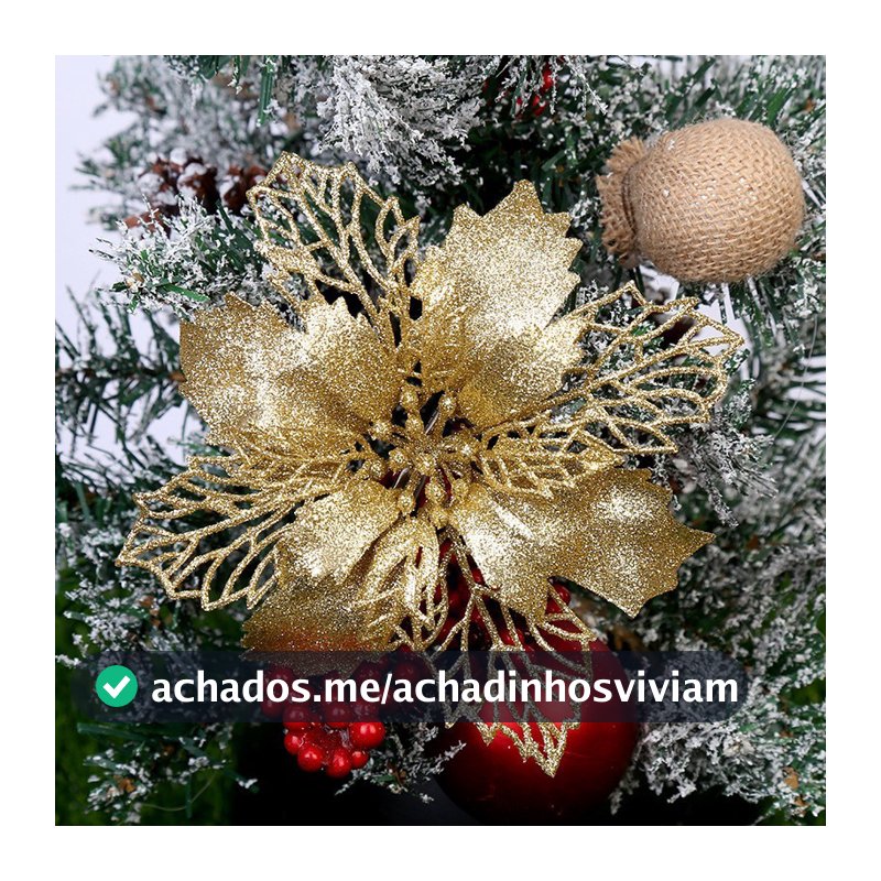 10 Flores Artificiais 8cm com Glitter Design Realista para Decoração de Natal