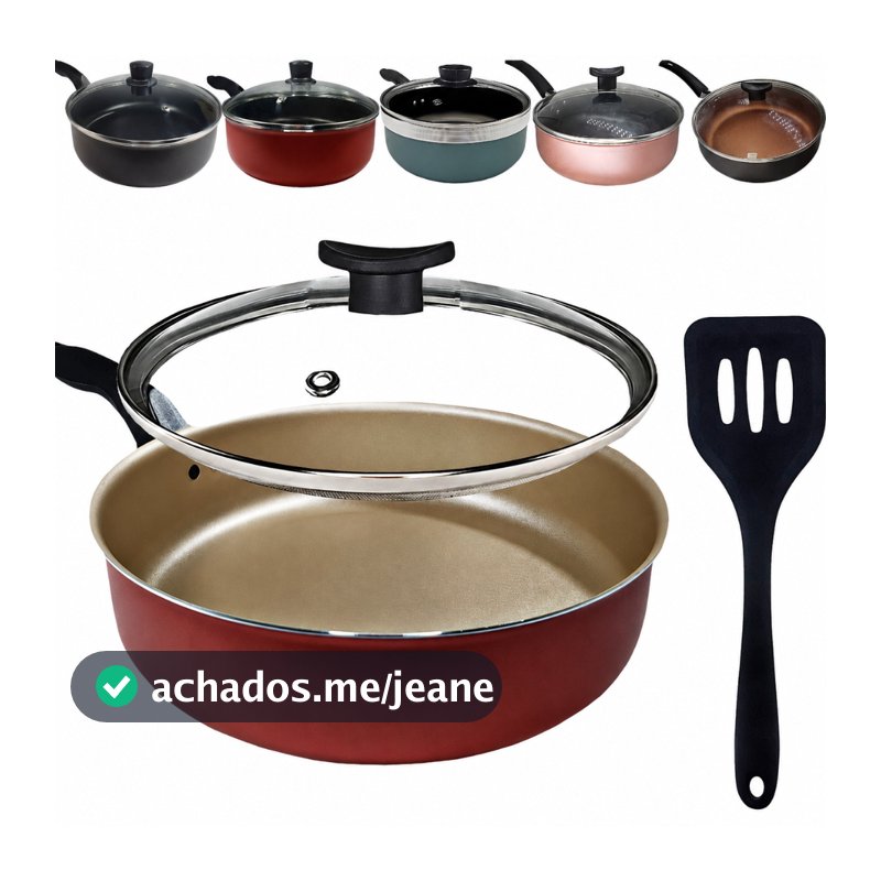 Frigideira Alta 24Cm Com Tampa De Vidro Espátula Cor Rosa Cobre Cereja Gold Preta Rouge Turquesa Antiaderente Teflon
