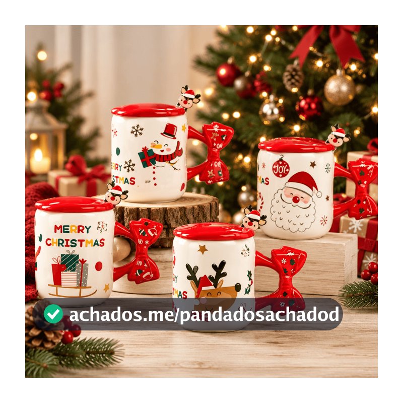 Conjunto de Xicara Natal 350ml Cerâmica Tampa e Mexedor