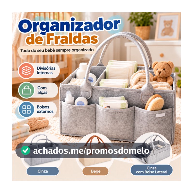 Cesto Organizador de Fraldas Bebê em Feltro com Alças e Divisórias