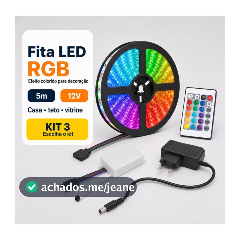Fita LED RGB 2835 12V Kit 1 2 ou 3 Rolos de 5 Metros com Controle Remoto para Sanca TV Quarto com ou sem Fonte