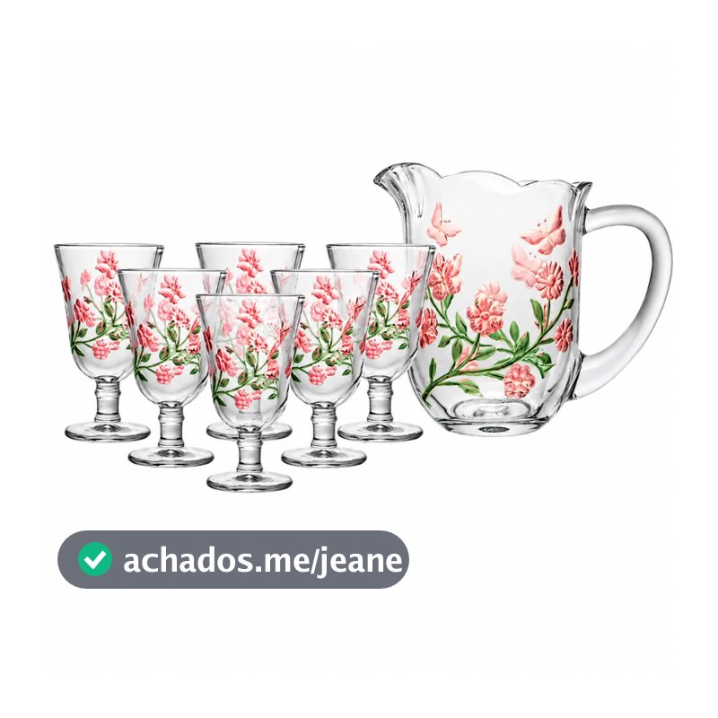 Conjunto Jarra Com Taça 240ml Lys Florido Rosa 7 Peças Elegante Lyor
