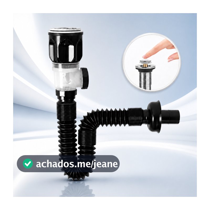 Sifão Sanfonado Flexível Preto Anti-Odor Com Válvula Click Inox Para Cuba Pia e Lavatório
