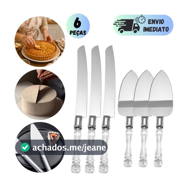 Kit 3 Faca Aço Inox Cabo Transparente Espátula Servir Tortas Bolos Confeitaria Festa Sobremesas