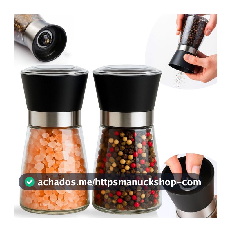 Kit 2 Moedor Pimenta Reino E Sal Grosso Regulador Vidro Manual Especiarias Porta Condimentos Premium