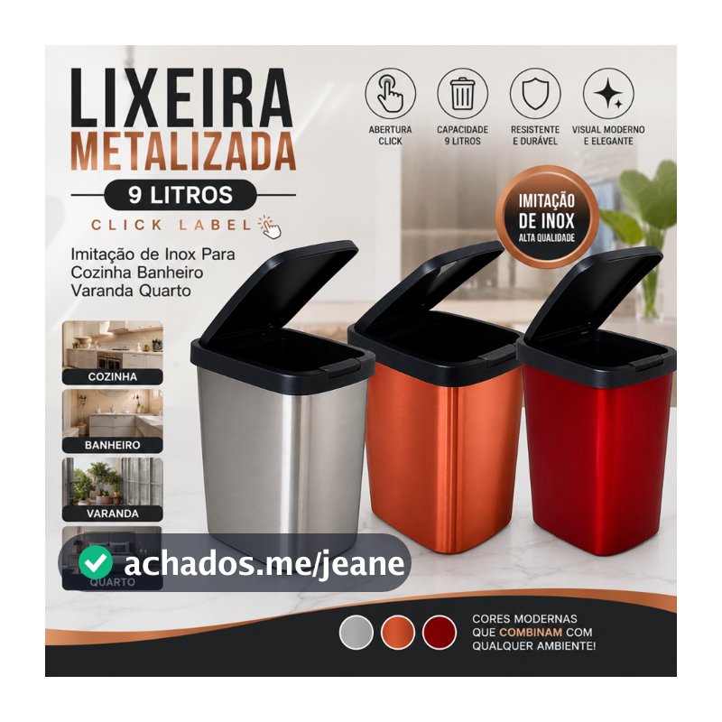 Lixeira Cesto Inox Metalizado 09 Litros Com Tampa Click Label Vermelho Rose Gold Banheiro Cozinha