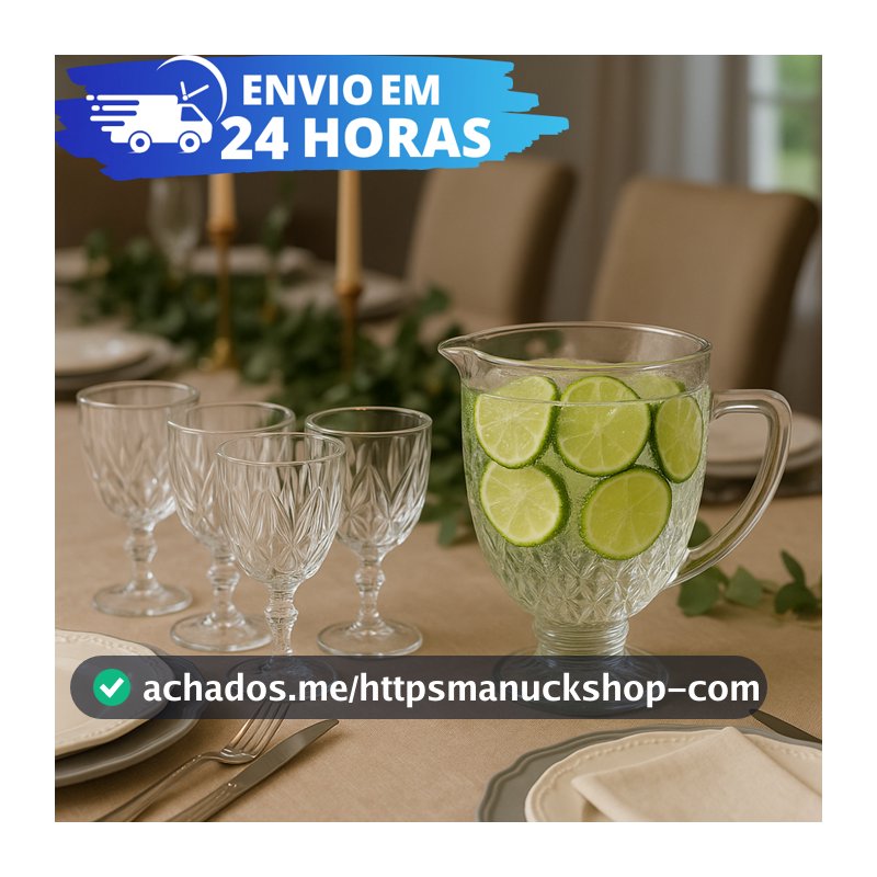 Conjunto Jarra Diamond 1200ML e Jogo Taças 340ML Diamante Kit Água Suco Vinhos