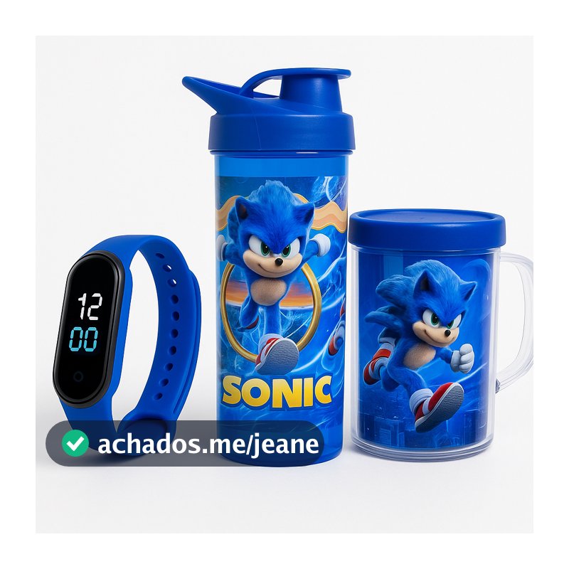 SONIC - Garrafa Copo e Relógio Digital + Nome da Crianaa PRESENTE ANIVERSÁRIO ESCOLA