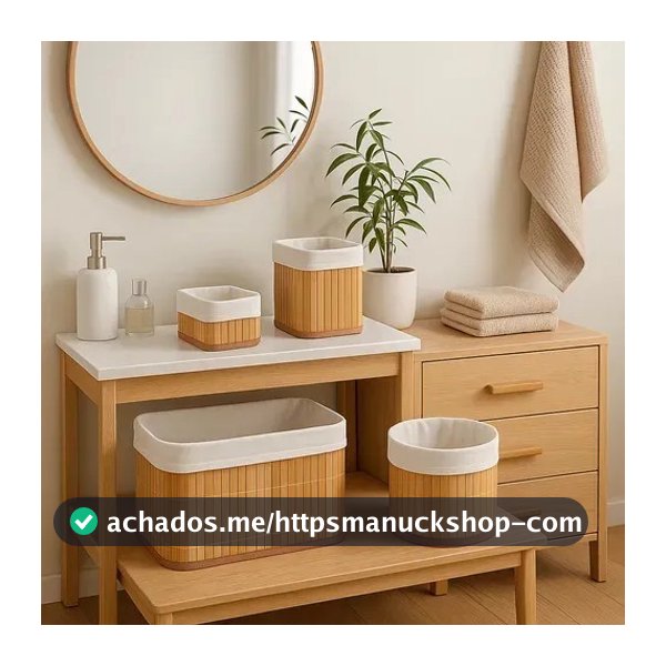 4 Cestos de Bambu Retangular Organizadores com Forro Banheiro Lavanderia Decoração Pequeno Grande