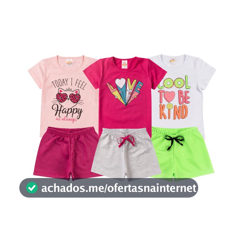 Kit 3 conjunto com 6 peças com estampas e cores sortidas Tam 1 ao 14 anos.