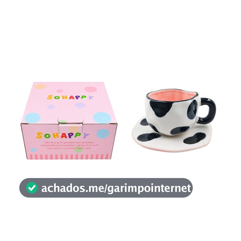 Caneca Cerâmica Vaquinha c/ Pires 280ml Charme Delicadeza Presente Café Mãe Amiga Design Exclusivo