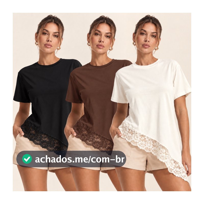 T-Shirt Feminina Detalhe em Renda Blusa Soltinha Confortável Moda Casual Chic Tendência Assimetrica Over Casual