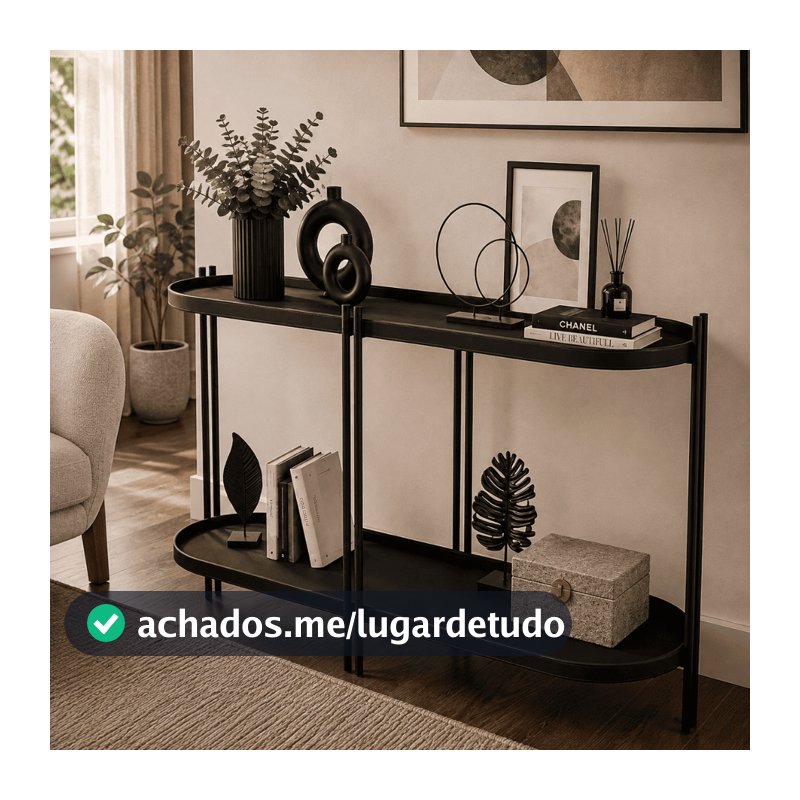 Buffet Aparador Manhattan Acabamento em Couro Preto Para Sala Recepção Hall de Entrada Modelo Industrial Pés em Aço