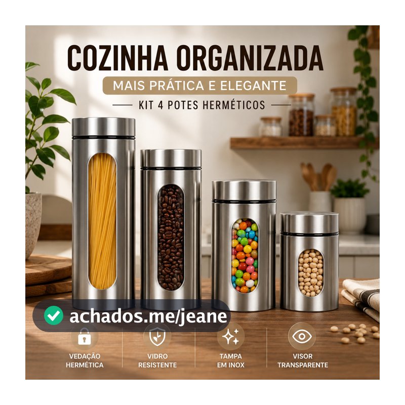 Kit 4 Potes Vidro Hermético Inox Com Visor Mantimentos Cozinha Organizador 700ml 2L
