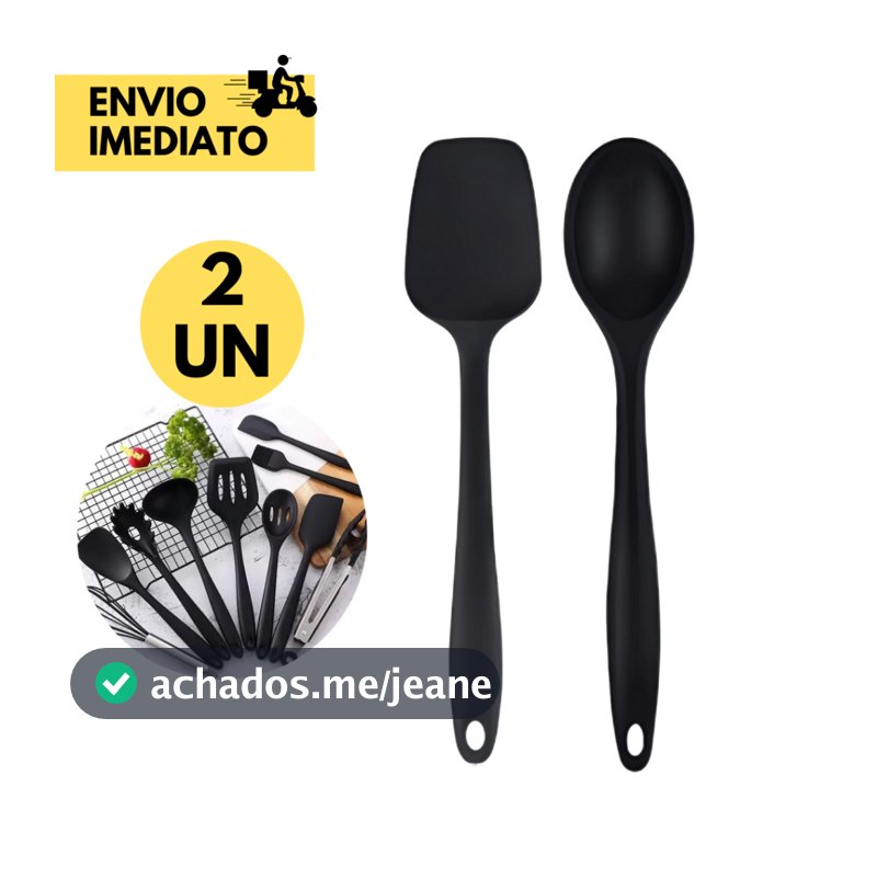 Kit Espátula de Silicone com Colher de Silicone Preta Não Risca a Panela p/ Chocolates Bolos Sobremesa e Refeições em Ge