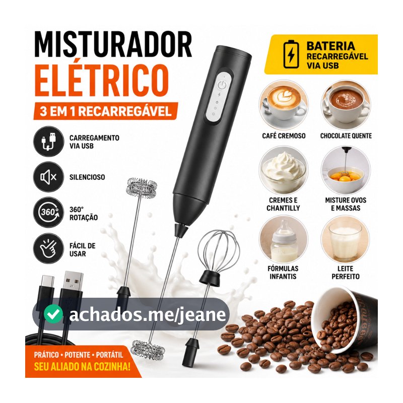 Misturador Elétrico Recarregável USB 3 Velocidades Espumador de Leite Batedor de Ovos Mini Mixer Portátil