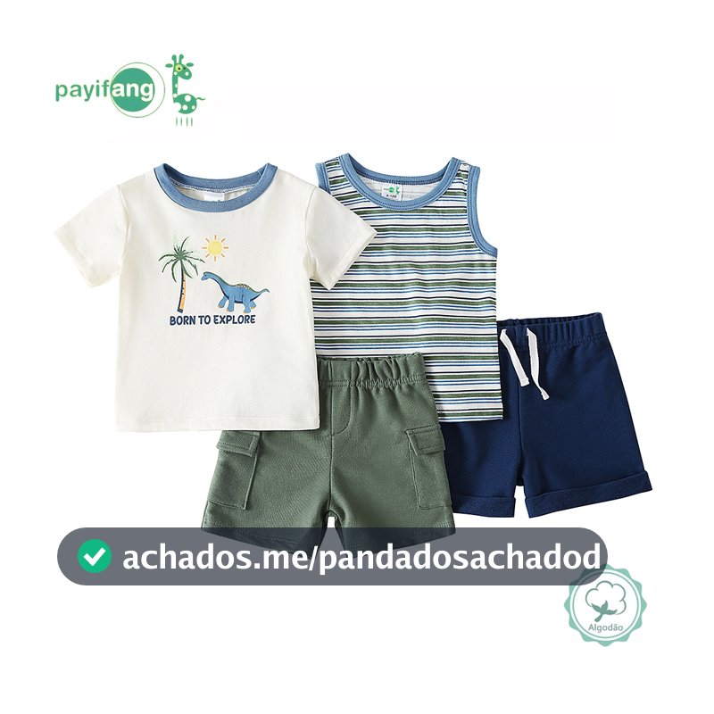 Kit 4 Peças Conjunto Verão Bebê Menino 60% Algodão 40% Poliéster Camiseta Dinossauro + Regata Listrada + Dois Shorts