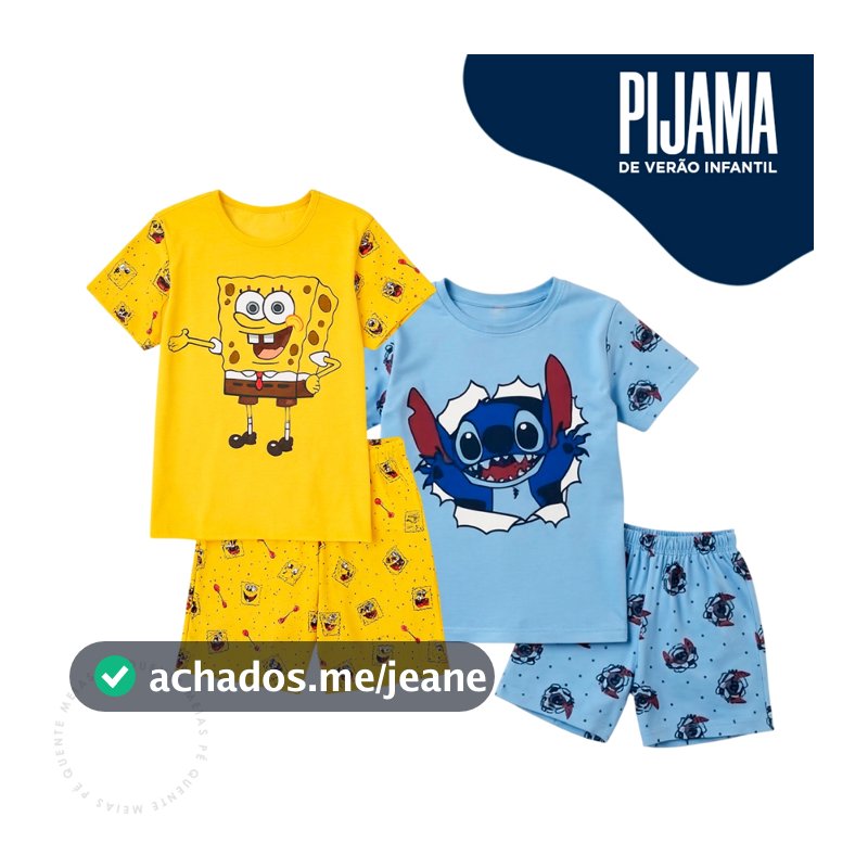 Pijama Verão Infantil Conjunto Menino Menina Desenho Personagem Desenho Stitch Bob