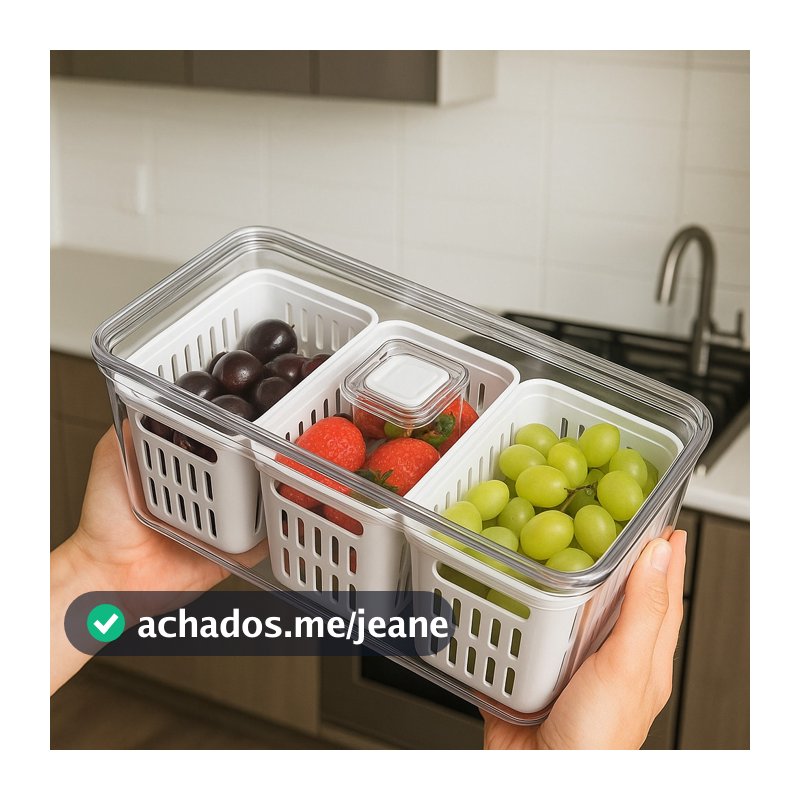 Organizador Geladeira Acrílico 3 Três Cestos Drenagem 5 Litros - Frutas legumes Verduras