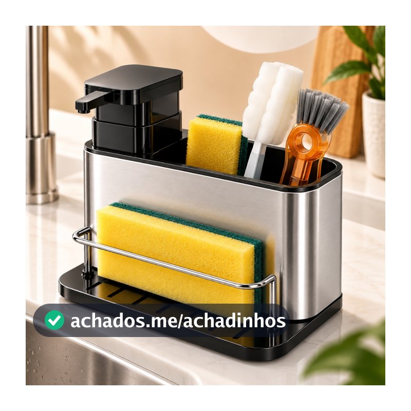 Porta Detergente e Esponja de Pia Cozinha Inox Dispenser Sabão Líquido 200ml Organizador 3 em 1 Porta Pano Pratitudo