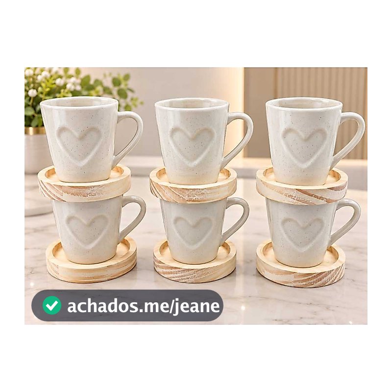 Kit Canecas Xicaras Café Chá Porcelana Granilha Camurça 120ml Coração Relevo com Pires Madeira redondo