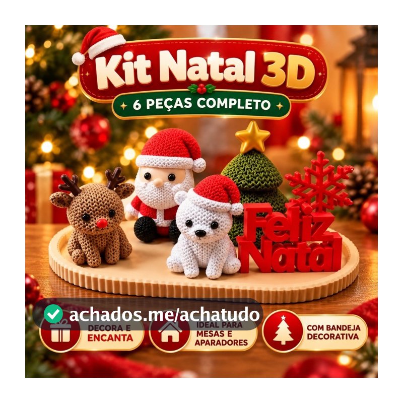 Kit Decoração de Natal 3D 6 Peças com Bandeja Enfeites Natalinos Decoração de Natal