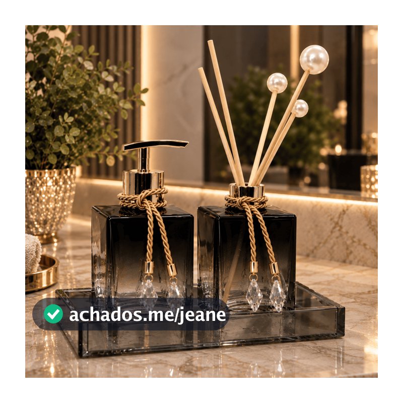 Kit Lavabo Vidro Completo Preto Com Bandeja Difusor Aromas Escritório Luxo Banheiro
