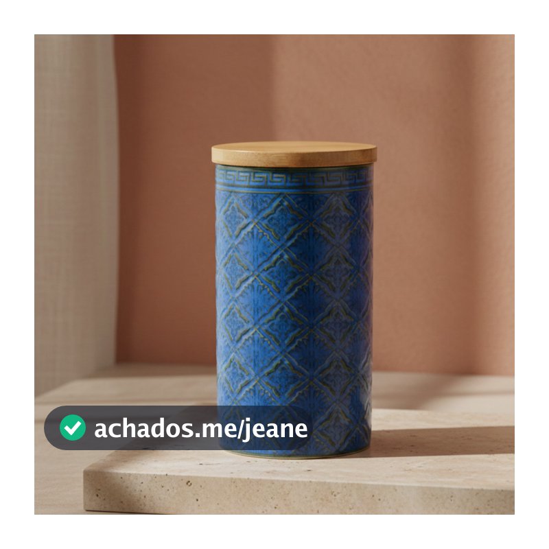 Pote de Cerâmica Azul com Tampa Hermética de Madeira 21x11cm Organizador Banheiro Cozinha
