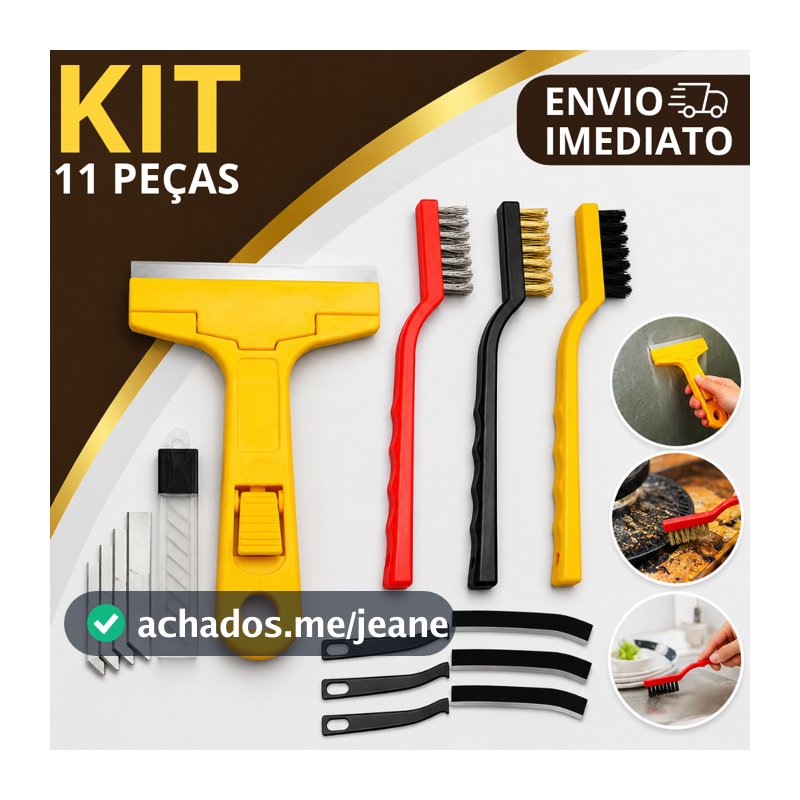 KIT 3 Escova Aço, Latão e Nylon + 3 Escova Limpa Canto e Fresta Multiuso + Raspador Com 4 Lâminas