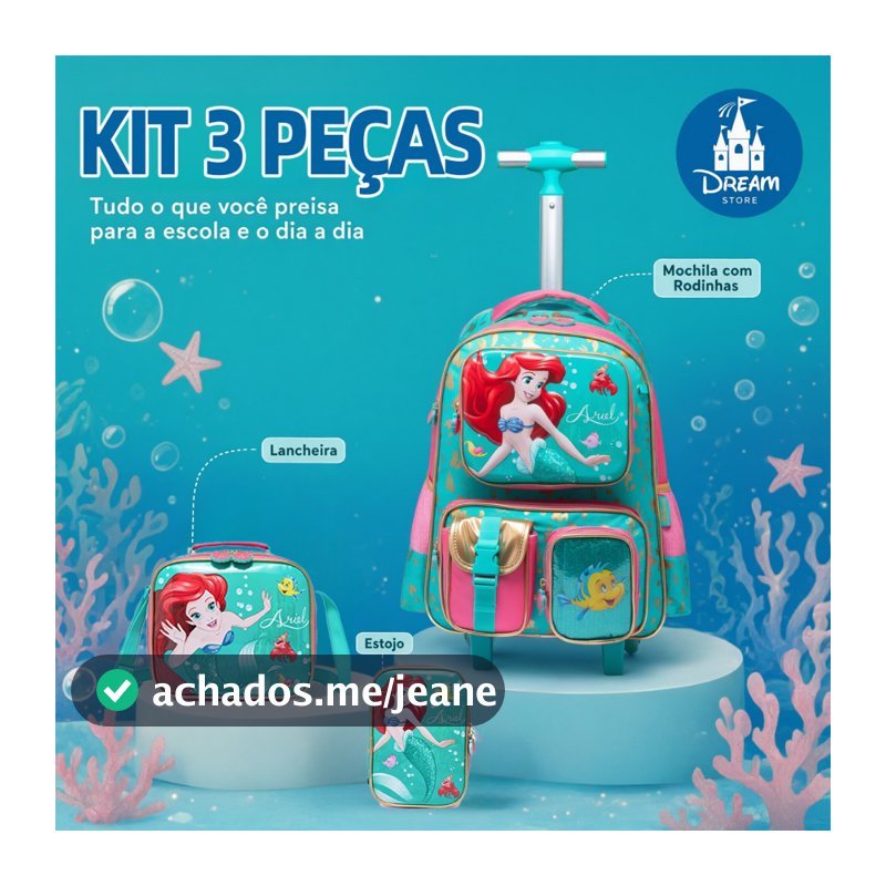 Kit Mochila Rodinha Sereia Ariel Disney Escolar Lancheira Estojo