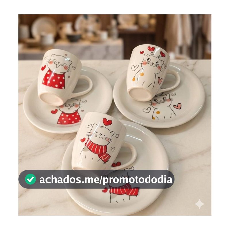 Kit Jogo Caneca Landy 240ml + Prato Sobremesa Lanche em Porcelana Linha Kids Gatinha Branco