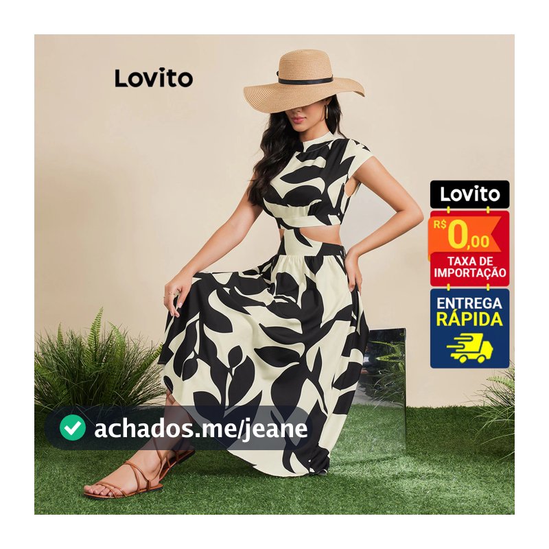 Lovito Vestido em A Longo com Recortes Geométricos Estampa Folhagem Feminino DRB3BR152
