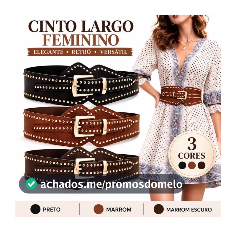 Cinto largo feminino com tachas douradas, ajustável, ideal para vestidos e casacos
