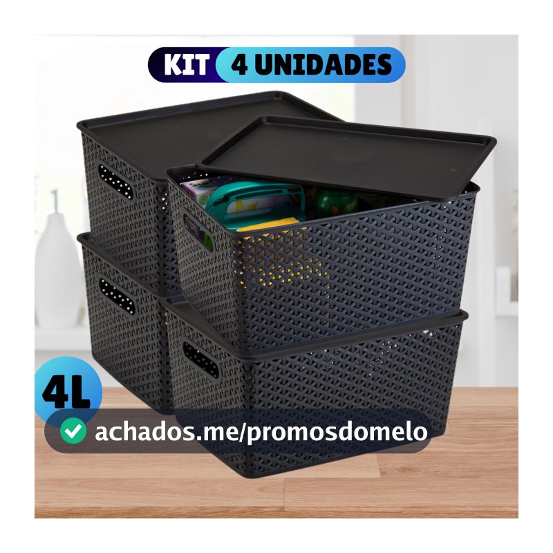 Kit Com 4 Cesto Caixa Organizadora Rattan Com Tampa  4 Litros Preto