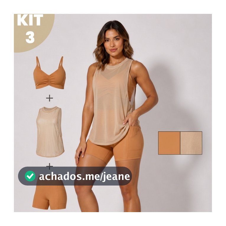 Kit 3 Peças Top+Short+Regata Tule Dry Fit Feminino Alta Compressão Cos Alto Academia