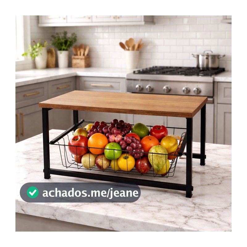 Fruteira de Mesa 1 Cesto em Aço Preto com Base MDF Amadeirado Organizador Multiuso