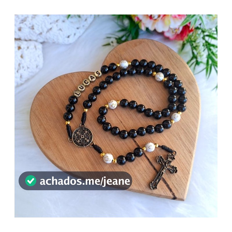 Terço Com Nome São Bento Nossa Senhora Aparecida | Contas 8mm Preto e Branco | Terço Católico Feito á Mão