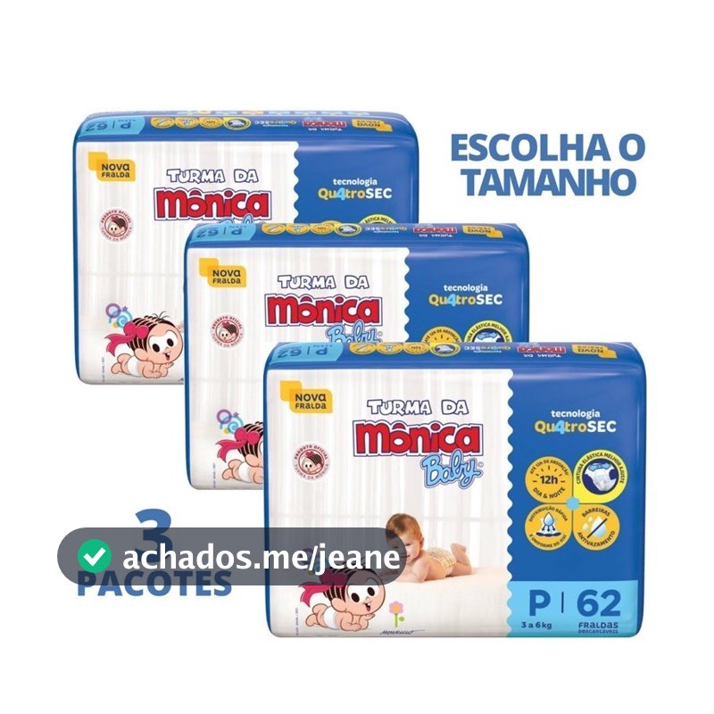 03 Pacotes Fralda TURMA DA MÔNICA BABY MEGA - Escolha o tamanho