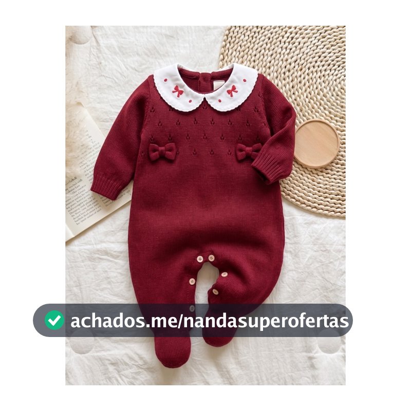 Macacão Tricô Bebê Menina Luxo Maternidade RN com Gola Bordada e Laço