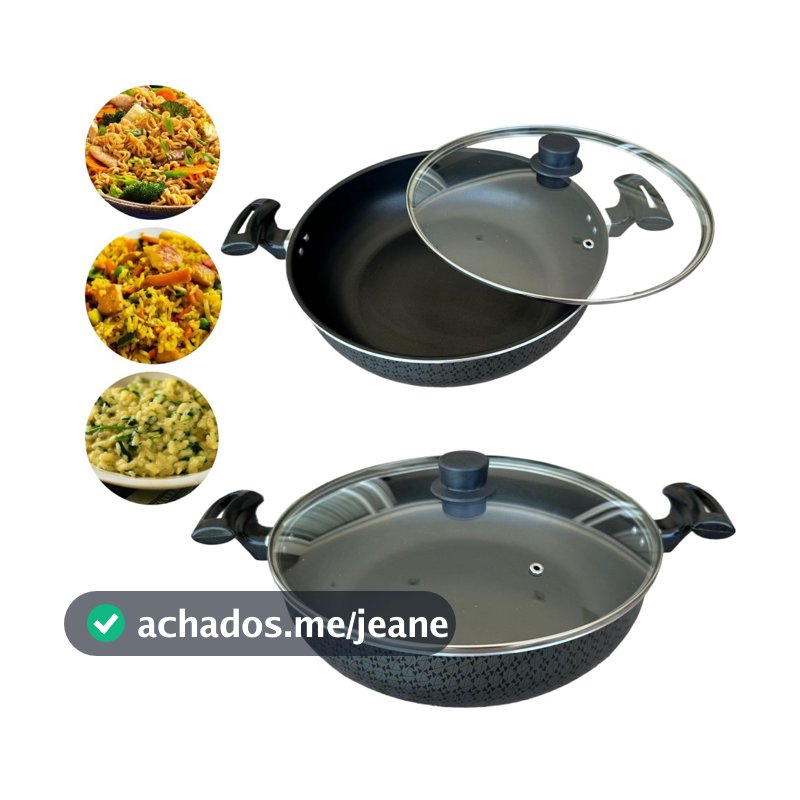 Frigideira Tampa Vidro 30cm Grande Wok  Panela Antiaderente Funda  Desenhada Aluminio Carne Yakisoba