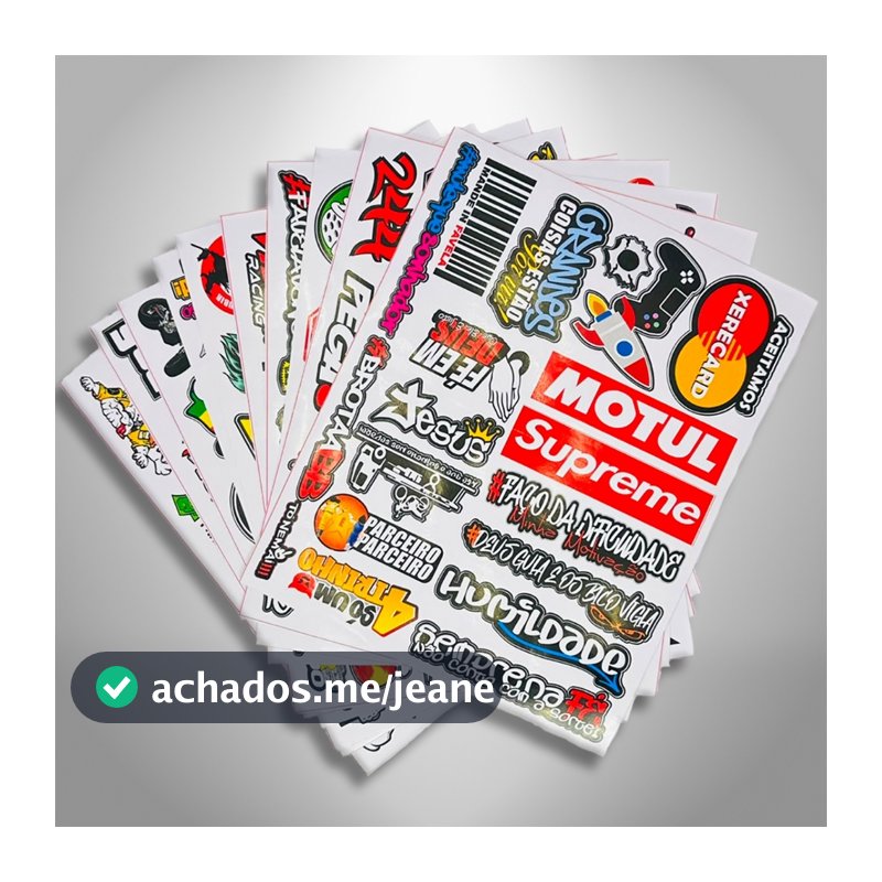 Kit 10 Cartelas Adesivos Vinil 20x25cm Atacado Stickers Impermeável Personalização Notebook Moto Carro Bike