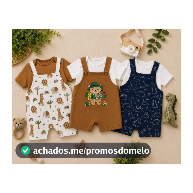 KIT 3 CONJUNTOS JARDINEIRAS BEBE MANGA CURTA ESTAMPADAS SORTIDAS VERÃO