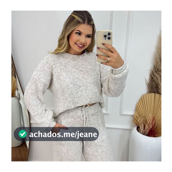 CONJUNTO BLUSA E CALÇA DE TRICOT MOUSSE LISO CANELADO COM BOLSO MODA FEMININA INVERNO